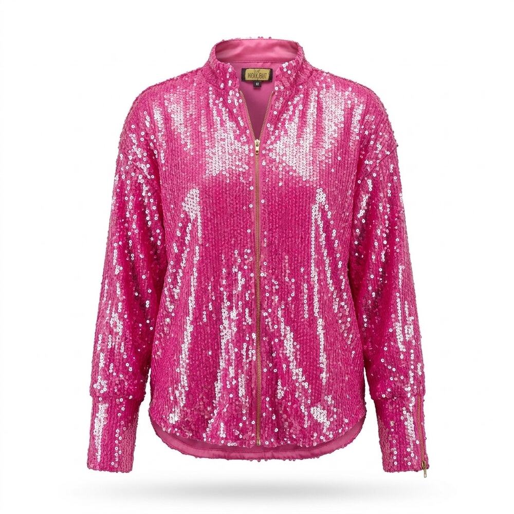 Love Highlight Pink Sequin Full Zip Bomber Track Jacket Women Size M